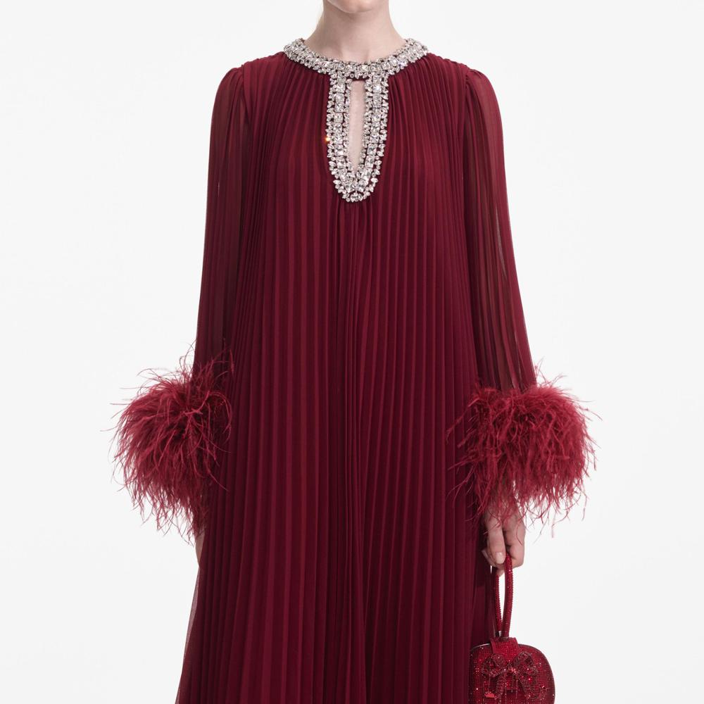 SELF PORTRAIT SS24 Burgundy Chiffon Feather Midi Dress