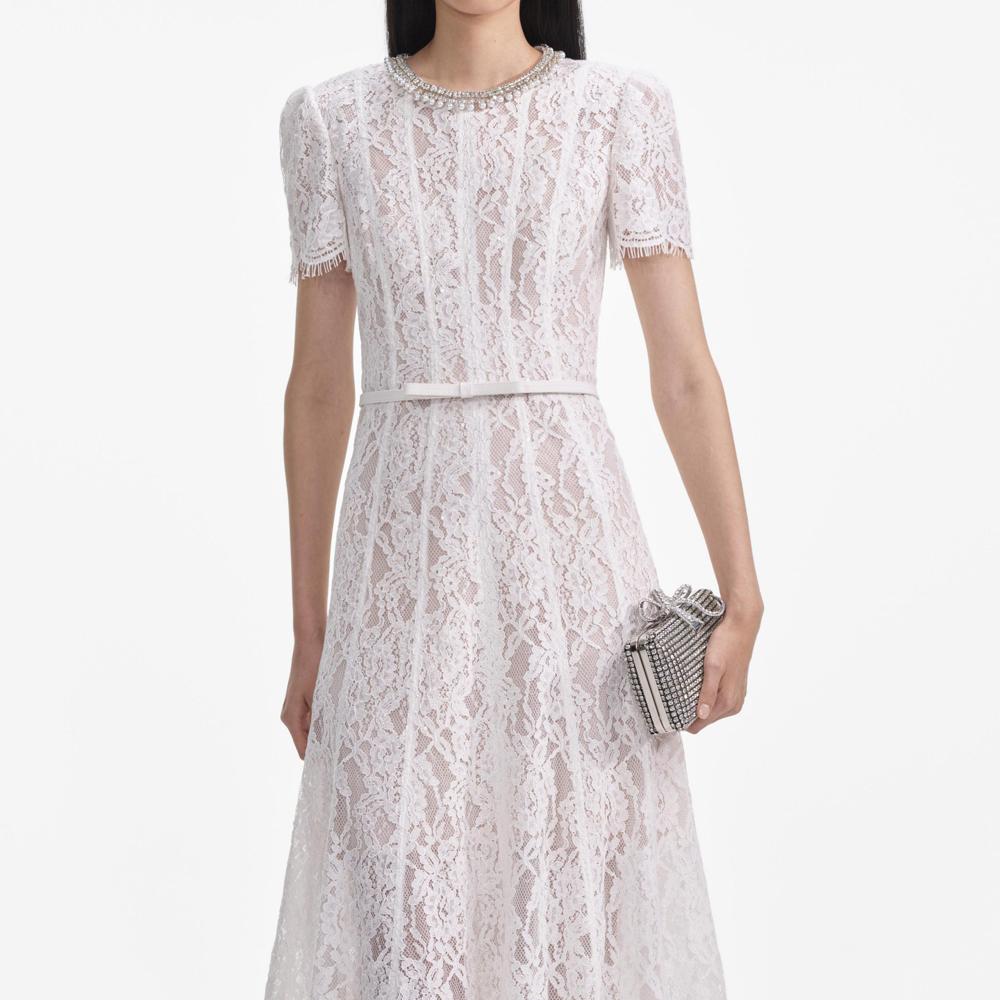 SELF PORTRAIT SS24 White Sequin Lace Midi Dress