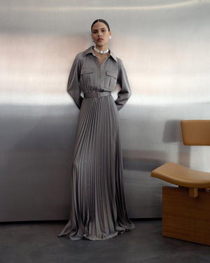 SP VIP PRICE Grey Satin Pleated Maxi Dress