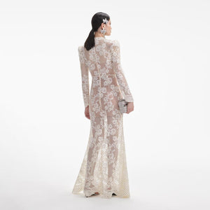 SELF PORTRAIT SS24 White Rhinestone Lace Maxi Dress