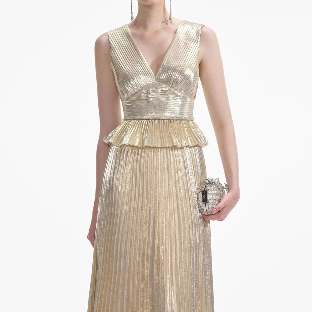 SELF PORTRAIT SS24 Gold Metallic V-Neck Maxi Dress