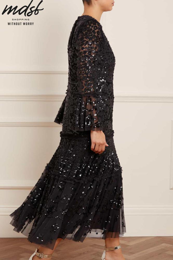 Needle & Thread CHRISTMAS SALE Annie Sequin Tiered Ankle Gown - black