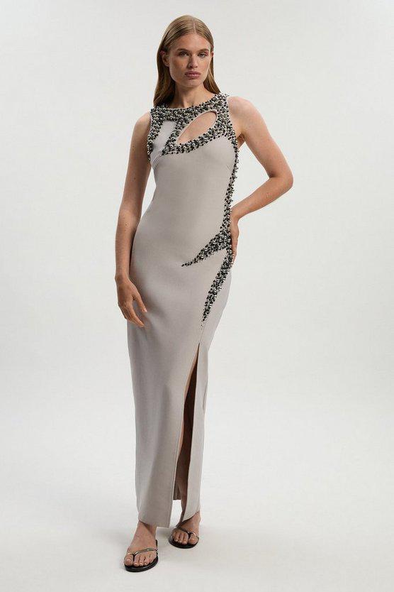 Karen Millen UK SALE Embellished Figure Form Bandage Sleeveless Knit Maxi Dress - pale grey