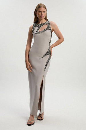 Karen Millen UK SALE Embellished Figure Form Bandage Sleeveless Knit Maxi Dress - pale grey