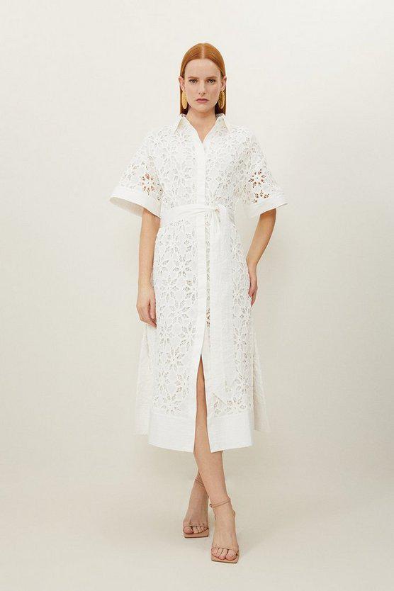 Karen Millen UK SALE Crafted Cotton Embroidery Woven Shirt Maxi Dress