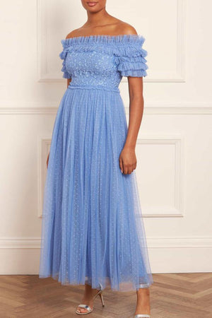 Needle & Thread CYBER SALE Midsummer Lace Bodice Off-Shoulder Ankle Gown - blue