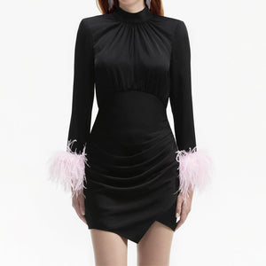 SELF PORTRAIT BLACK FRIDAY SALE Black Satin Feather High Neck Mini Dress