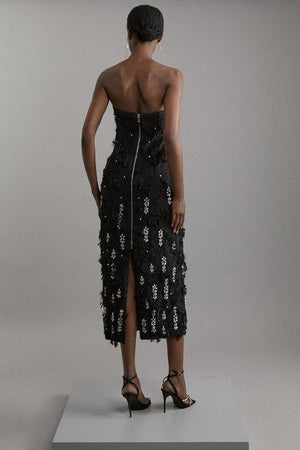 Karen Millen UK SALE Crystal Embellished Textured Jacquard Bandeau Tailored Midaxi Dress - black