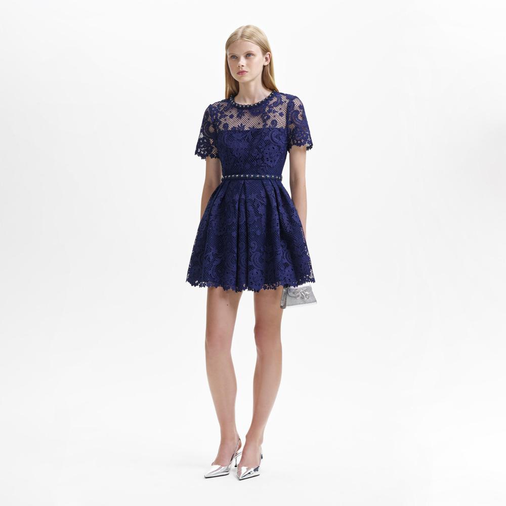 SELF PORTRAIT BLACK FRIDAY SALE Navy Lace Embellished Mini Dress