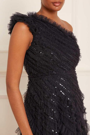 Needle & Thread SPRING/SUMMER Spiral Sequin One-Shoulder Ankle Gown - black