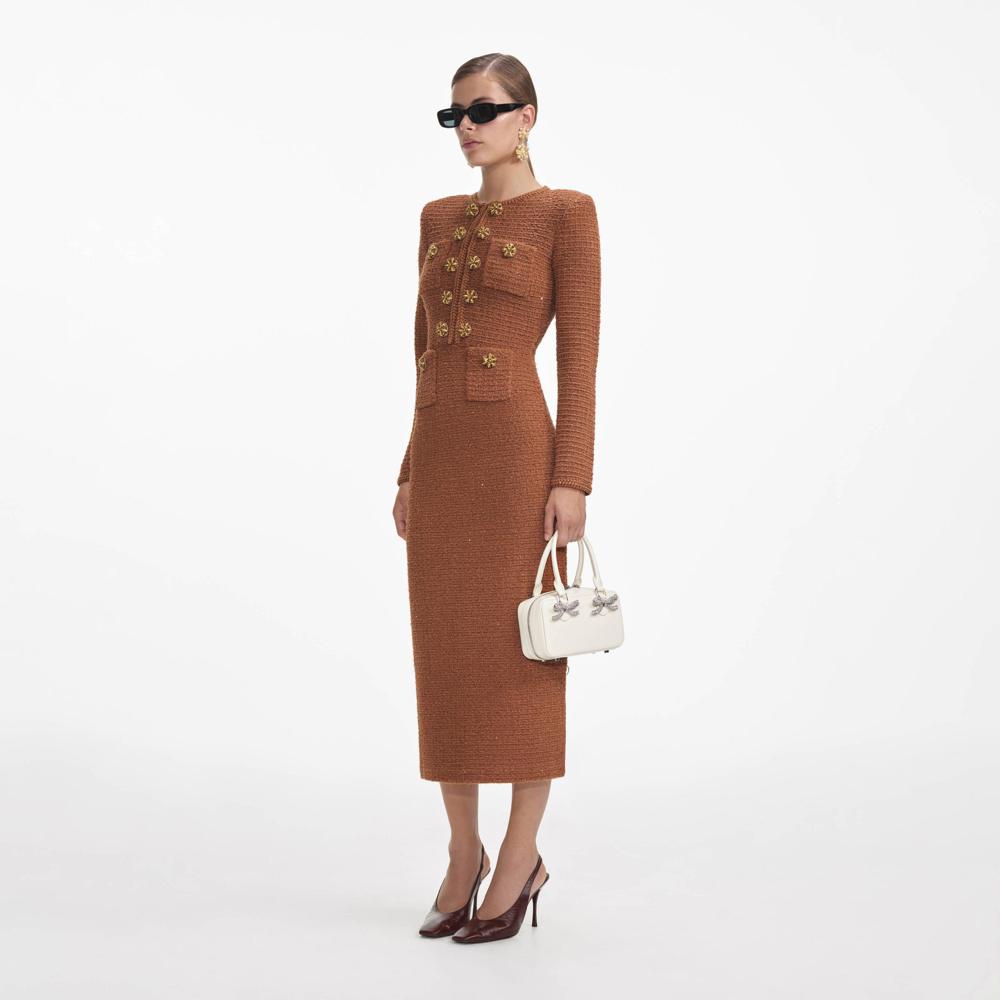 SELF PORTRAIT SS24 Brown Textured Knit Midi Dress