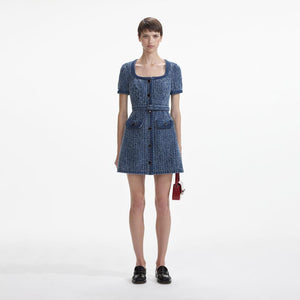 SELF PORTRAIT SS24 Textured Denim Short Sleeve Mini Dress