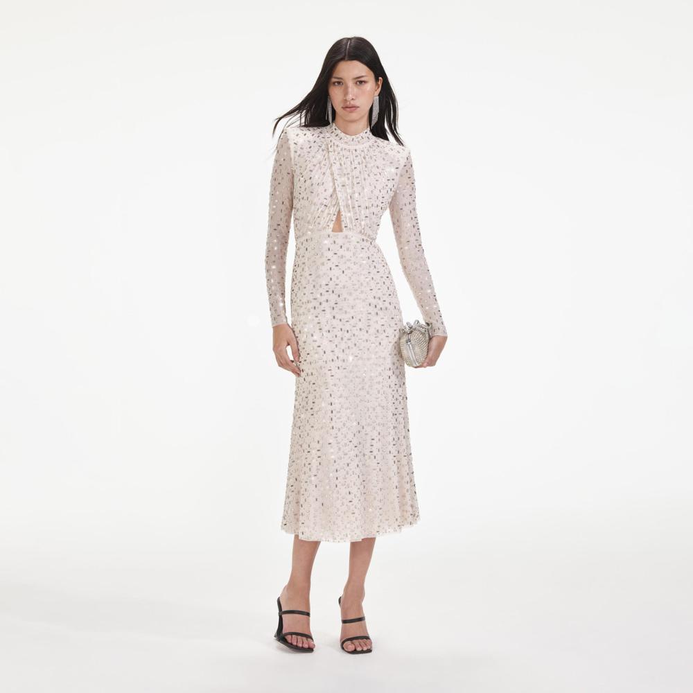 SELF PORTRAIT VIP SS24 Champagne Rhinestone Mesh Midi Dress