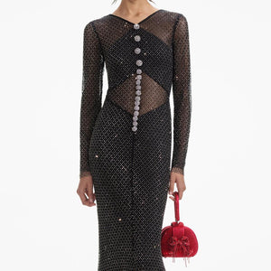 SELF PORTRAIT VIP SS24 Black Rhinestone Fishnet Crossover Maxi Dress