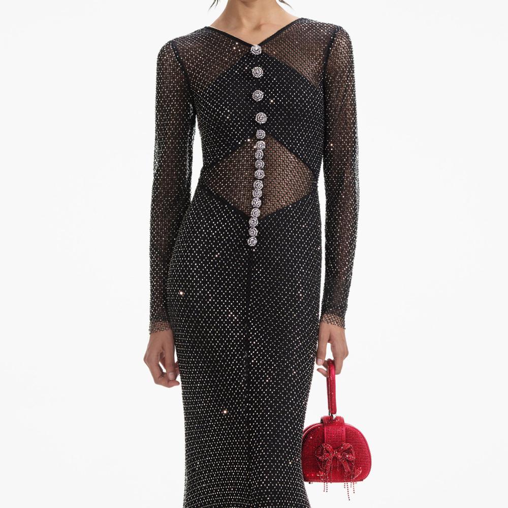 SELF PORTRAIT SS24 Black Rhinestone Fishnet Crossover Maxi Dress