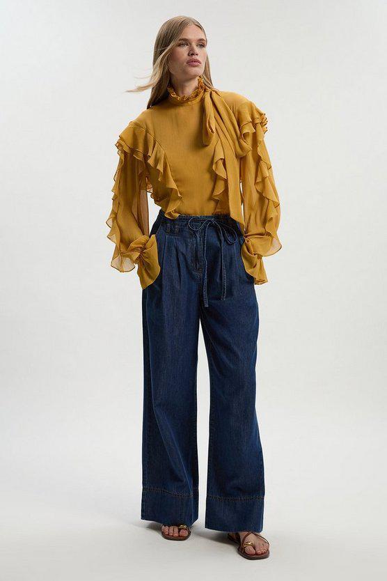 Karen Millen UK SALE Georgette Ruffle Woven Pussy Bow Blouse - ochre
