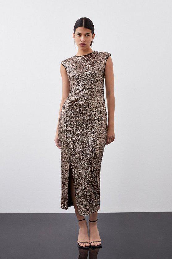 Karen Millen UK SALE Stretch Sequin Midaxi Dress - gold