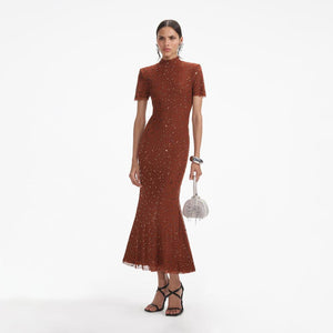 SELF PORTRAIT SS24 Brown Square Rhinestone Mesh Midi Dress