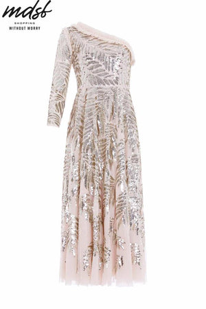 Needle & Thread PO and SALE Feather Sequin One-Shoulder Ankle Gown - beige