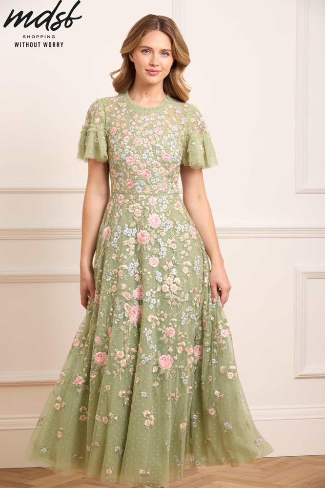 Needle & Thread PO and SALE Antoinettes Floral Round Neck Ankle Gown - green