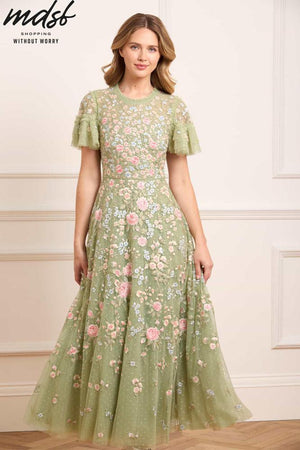 Needle & Thread PO and SALE Antoinettes Floral Round Neck Ankle Gown - green