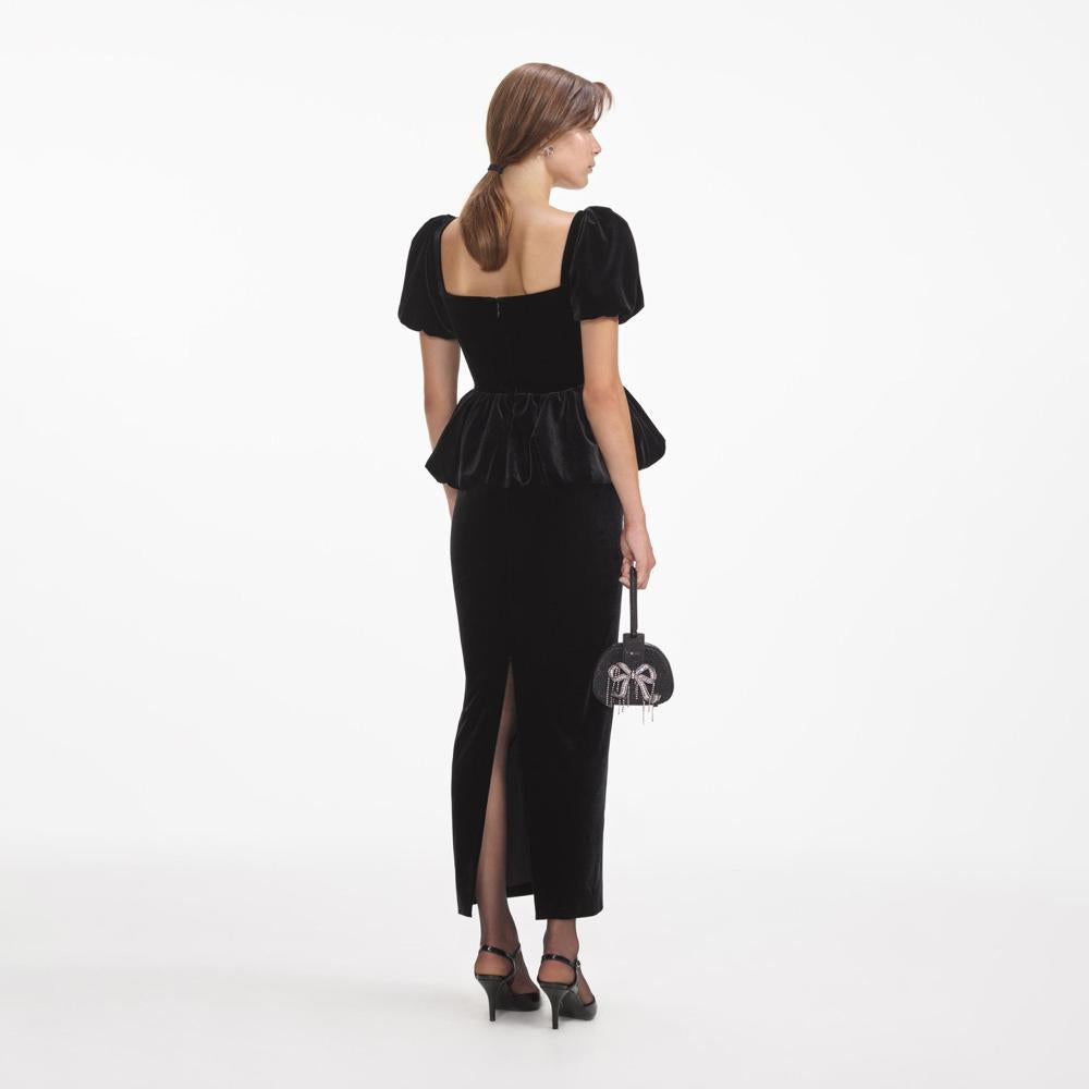 SELF PORTRAIT SS24 Black Velvet Peplum Midi Dress