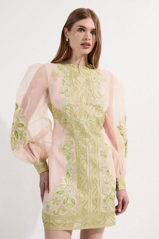 Karen Millen UK SALE Embroidered Organdie Balloon Woven Mini Dress - lime