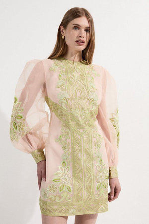 Karen Millen UK SALE Embroidered Organdie Balloon Woven Mini Dress - lime