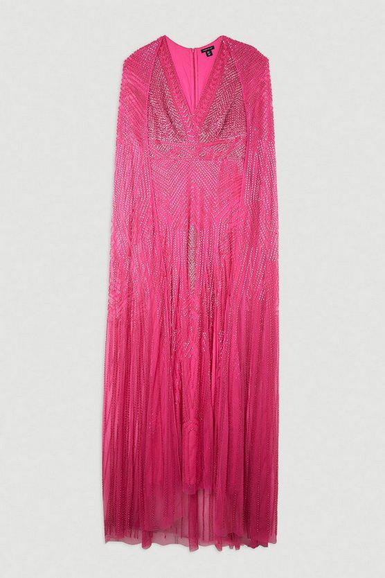 Karen Millen UK SALE Premium Embellished Caped Maxi Dress - hot pink