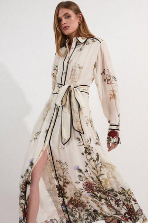 Karen Millen UK SALE Lydia Millen Viscose Floral Border Woven Shirt Midi Dress