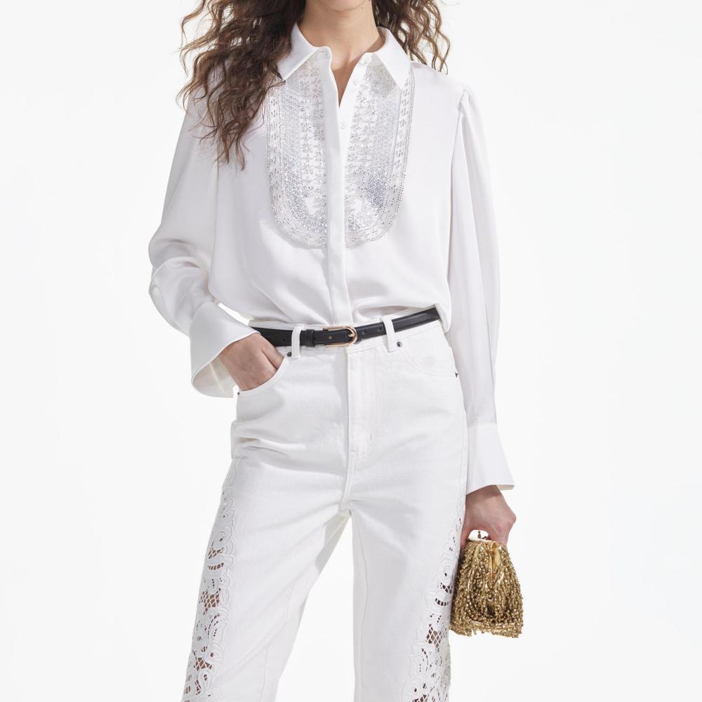 SELF PORTRAIT SS24 White Satin Embellished Bib Blouse