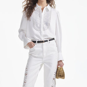 SELF PORTRAIT SS24 White Satin Embellished Bib Blouse