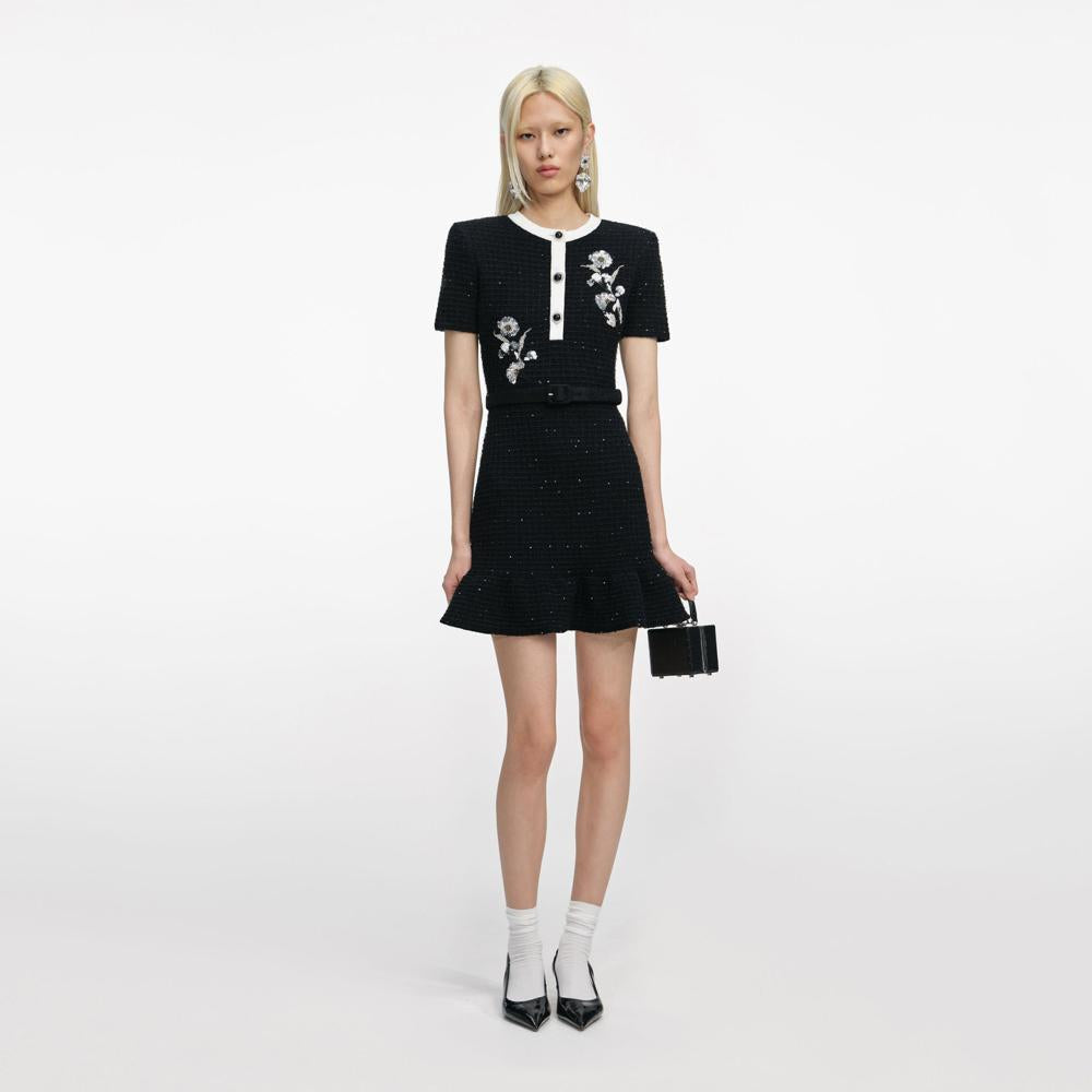 SP VIP PRICE Black Floral Textured Knit Mini Dress