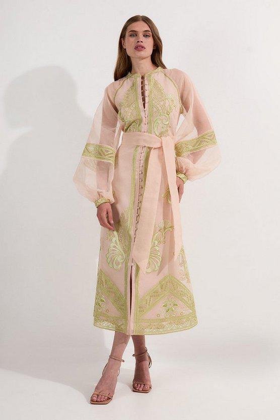 Karen Millen UK SALE Embroidered Organdie Balloon Sleeve Woven Maxi Dress - lime