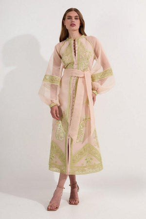Karen Millen UK SALE Embroidered Organdie Balloon Sleeve Woven Maxi Dress - lime