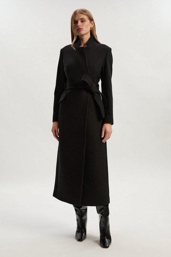 Karen Millen UK SALE Wool Investment Notch Neck Tailored Maxi Coat - black