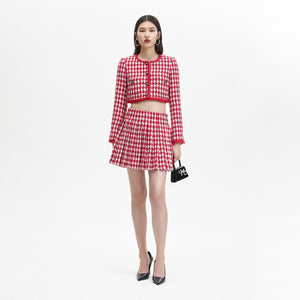 SELF PORTRAIT BLACK FRIDAY SALE Red Check Boucle Pleated Mini Skirt