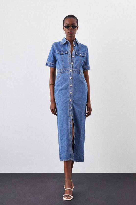 Karen Millen UK SALE Denim Maxi Shirt Dress - mid wash