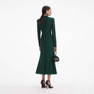 SELF PORTRAIT SS24 Green Rhinestone Mesh Midi Dress