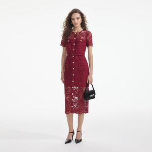 SELF PORTRAIT SS24 Red Guipure Lace Button Midi Dress