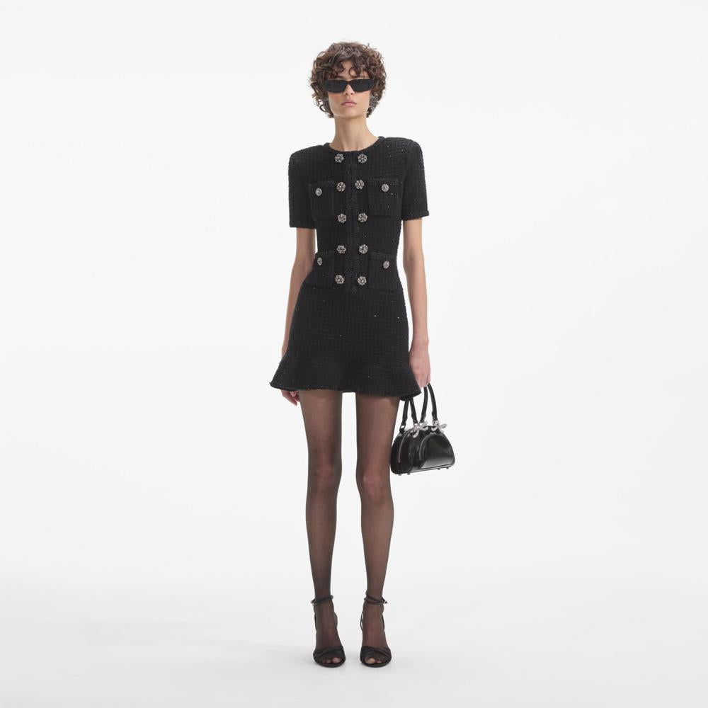 SELF PORTRAIT SS24 Black Knit Buttoned Mini Dress