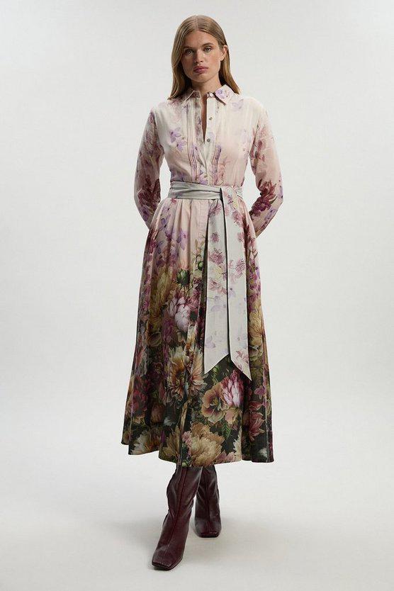 Karen Millen UK SALE Petite Floral Print Silk Cotton Long Sleeve Woven Maxi Dress
