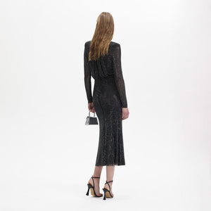 SELF PORTRAIT BLACK FRIDAY SALE Black Rhinestone Mesh Long Sleeve Midi Dress