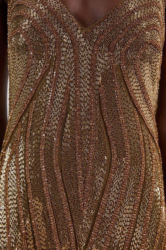 Karen Millen UK SALE Beaded Contour Sweet Heart Neckline Woven Maxi Dress - gold