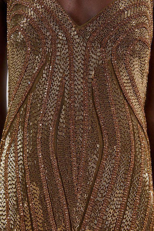 Karen Millen UK SALE Beaded Contour Sweet Heart Neckline Woven Maxi Dress - gold