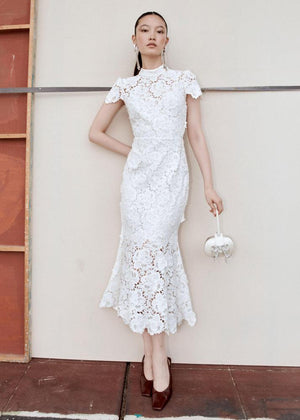 SELF PORTRAIT SS24 White Flower Lace Midi Dress