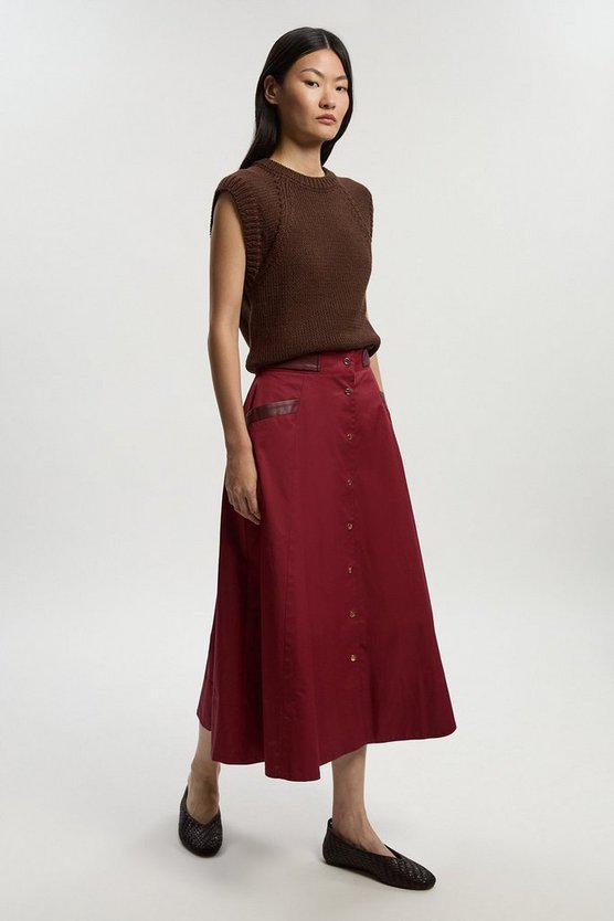 Karen Millen UK SALE Cotton & Faux Leather Tab Full Maxi Skirt - burgundy