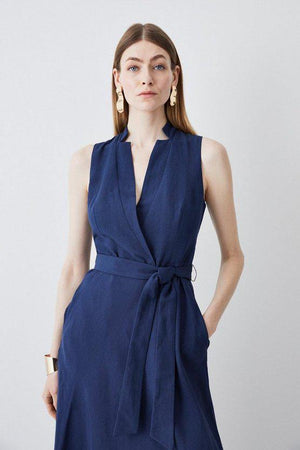 Karen Millen UK SALE Lydia Millen Linen Wrap Tie Waisted Maxi Dress - navy