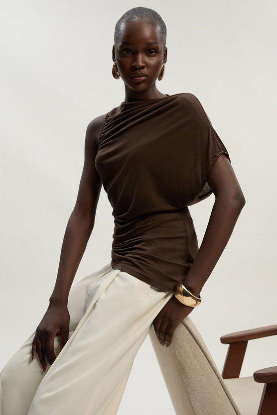 Karen Millen UK SALE Tencel Ruched Detail Top - chocolate
