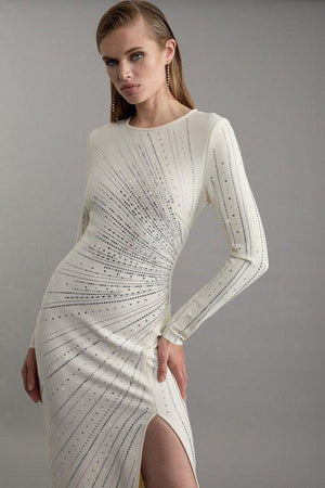 Karen Millen UK SALE Figure Form Bandage Knit All Over Embellished Maxi Dress - cream